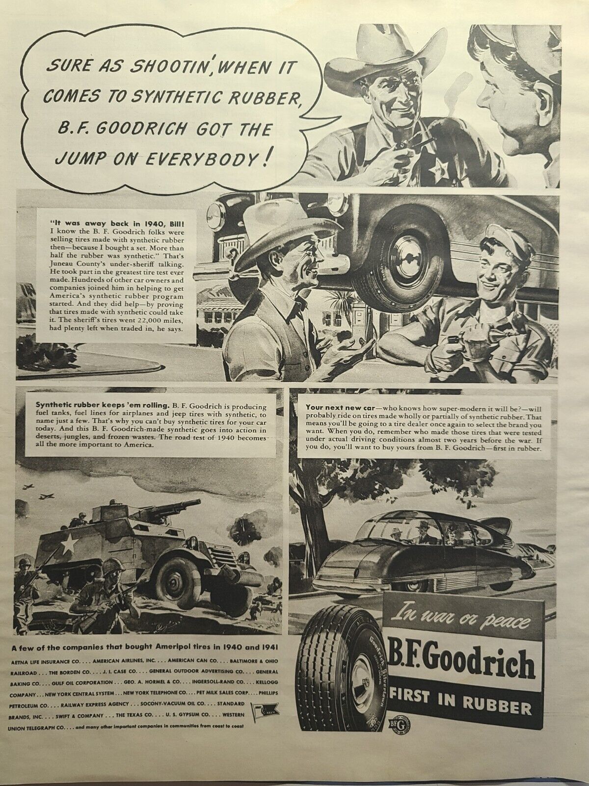 B. F. Goodrich Tires Synthetic Rubber Sheriff Half-Track Vintage Print Ad 1943