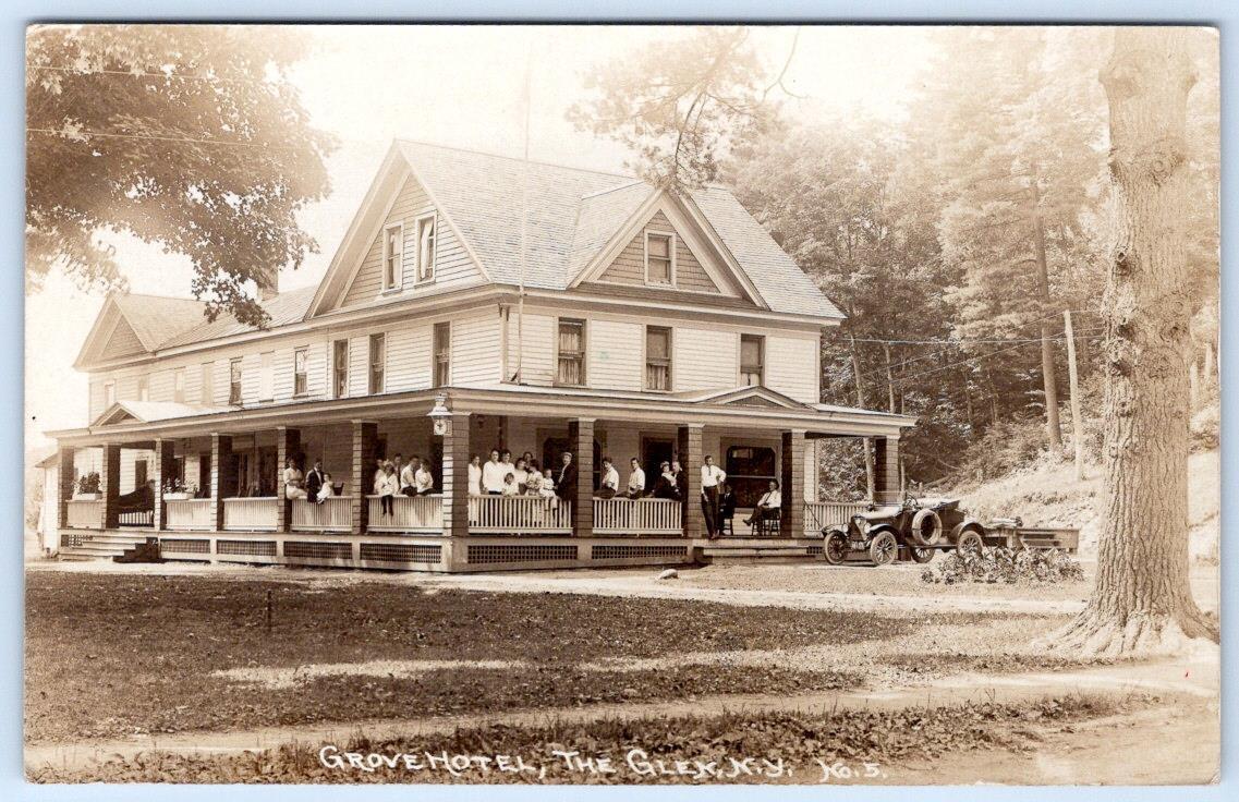 1910-20's RPPC GROVE HOTEL*THE GLEN NY*ADIRONDACKS*ANTIQUE CAR*PEOPLE ON PORCH