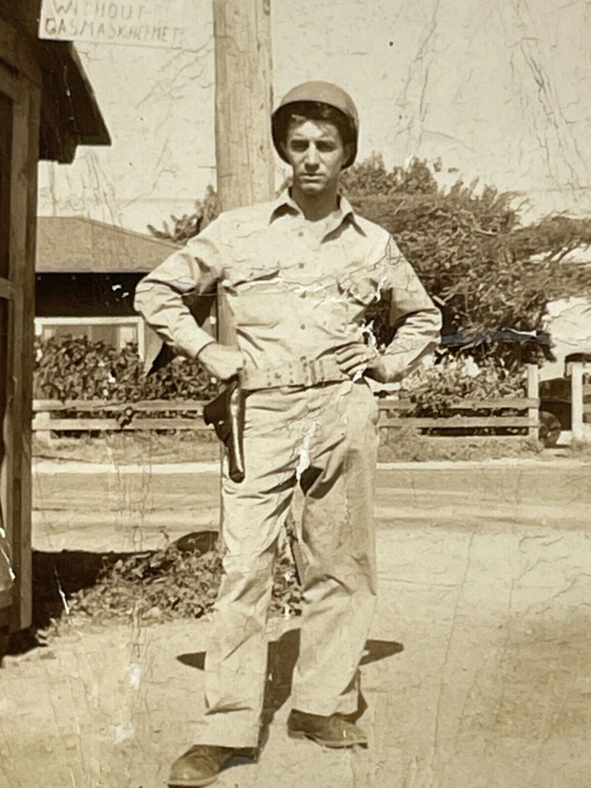 WB Photograph Handsome Military Man Wearing Sidearm Pistol Handgun Guard 1940\'s