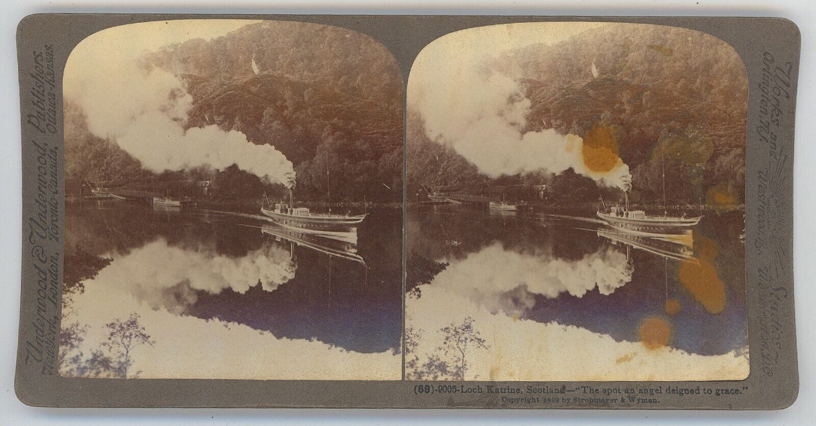 c1890's Real Photo Stereoview Underwood Loch Katrine Steam Boat in Scotland UK