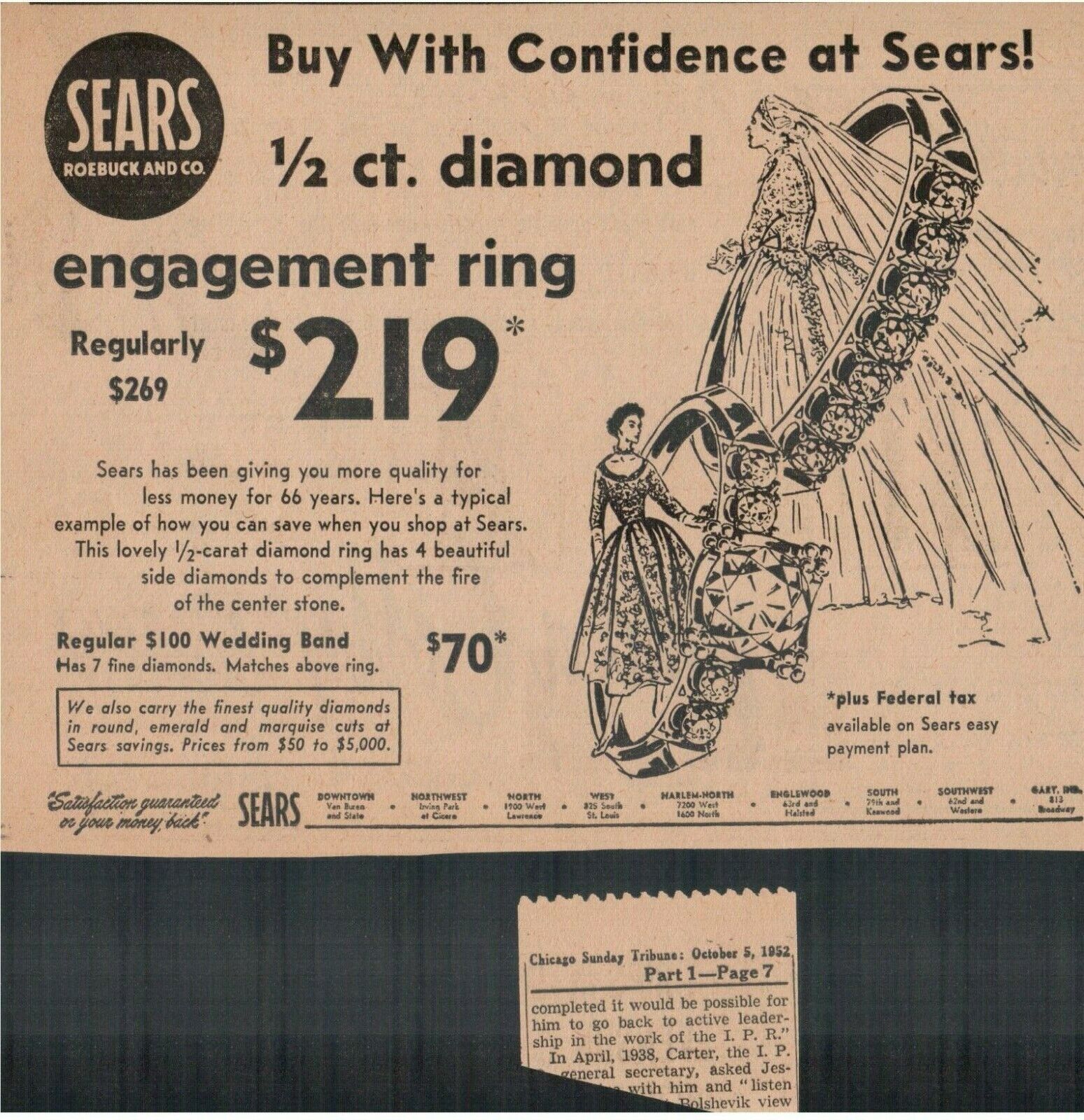 1952 Sears & Roebuck Co. Retail Store Diamond Ring Newspaper Ad 8x6\