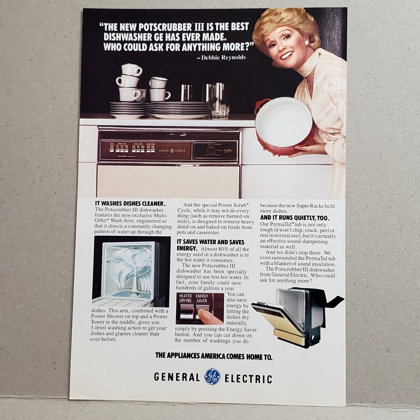 1978 GE General Electric Potscrubber Dishwasher Debbie Reynolds Print Ad