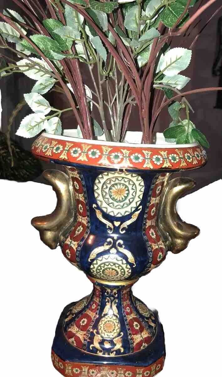 Antique Pedestal Planter Vase Chinese Design with Brass Handles