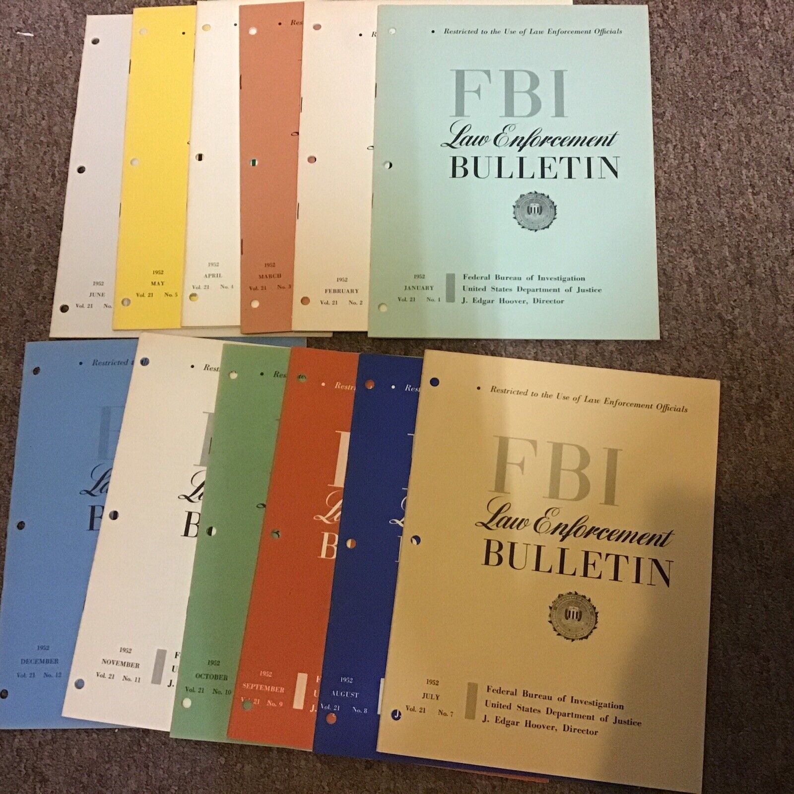 Lot of 12 FBI Law Enforcement Bulletins Hoover Jan-Dec 1952