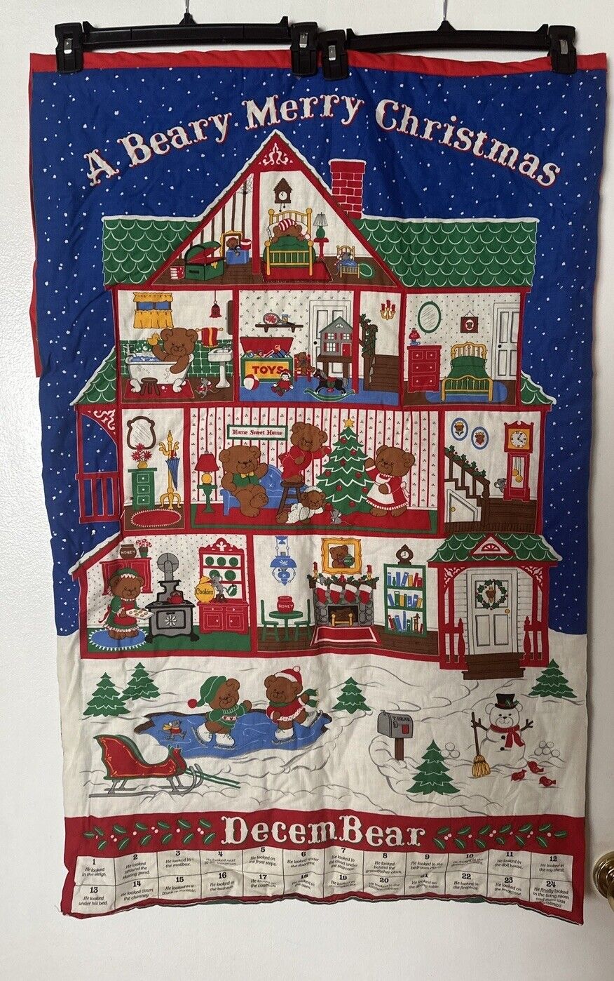 Beary Merry Christmas Advent Calendar Panel Wall Hanging 25”x40”