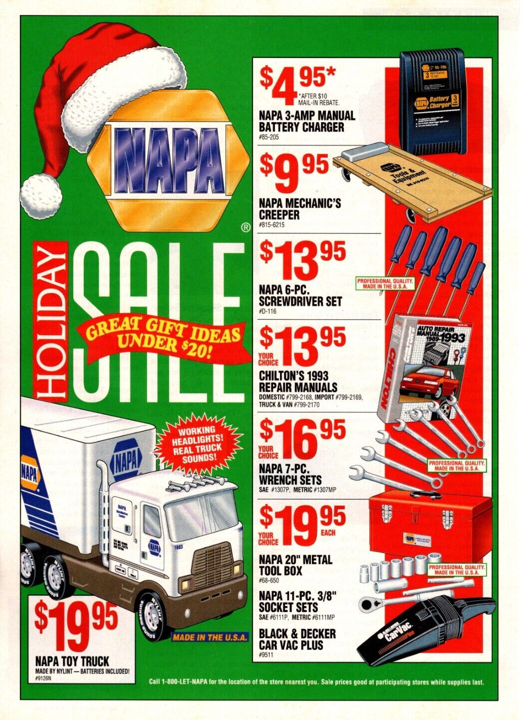 1992 NAPA AUTO PARTS CHRISTMAS PRINT AD. BLACK & DECKER, CHILTON, NYLINT TRUCK