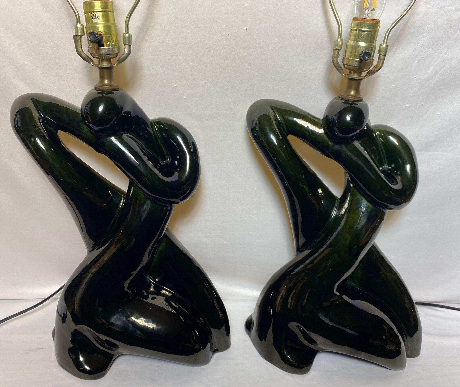 Vintage Pair of Mid Century Ceramic Table Lamps Abstract Freeform Figures Black