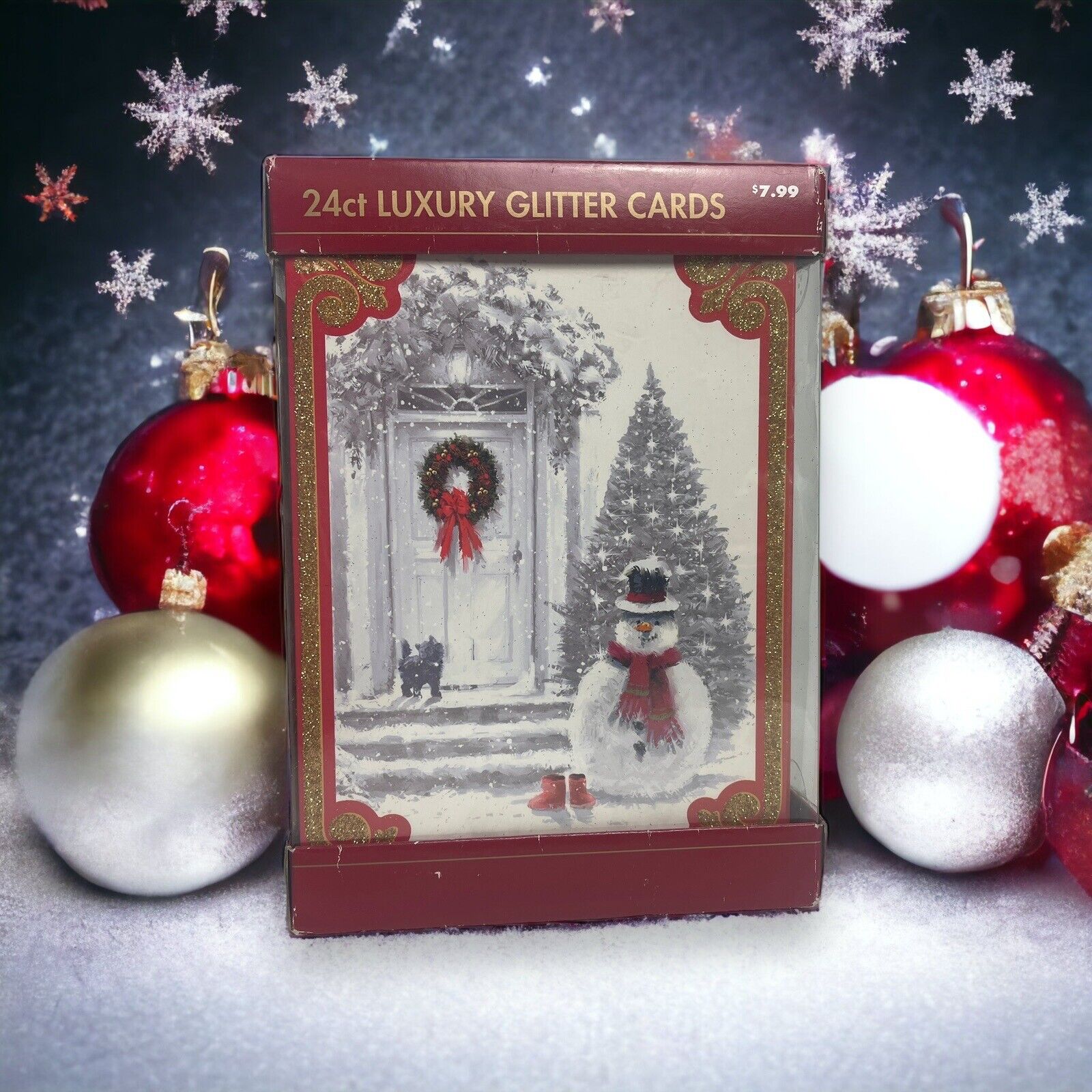 Vintage Kmart 24ct Luxury Glitter Christmas Cards Santa and Snowman