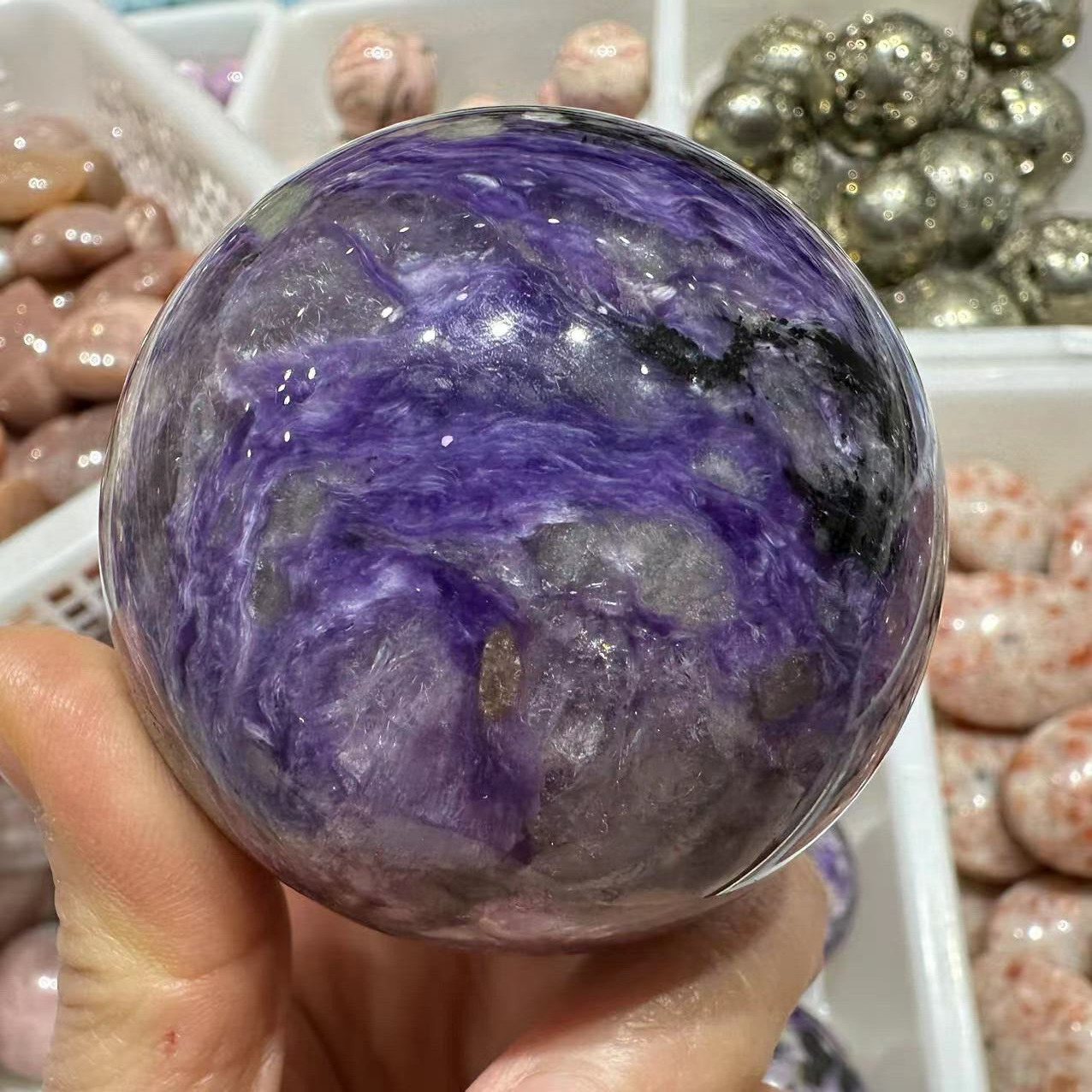 1pc Natural Charoite Quartz Sphere Crystal Energy Ball Reiki Gem Decor 60MM+