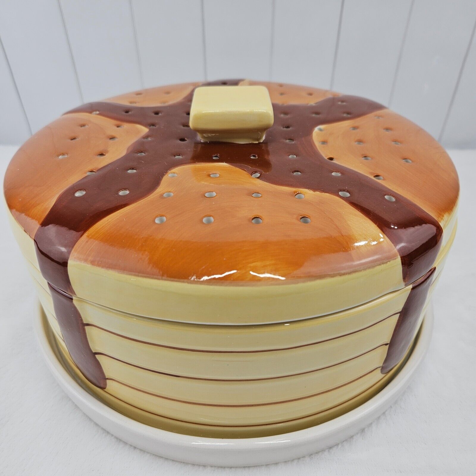 Pancake Warmer Ceramic Stack Of Pancakes With Butter Handle And Syrup Vintage 