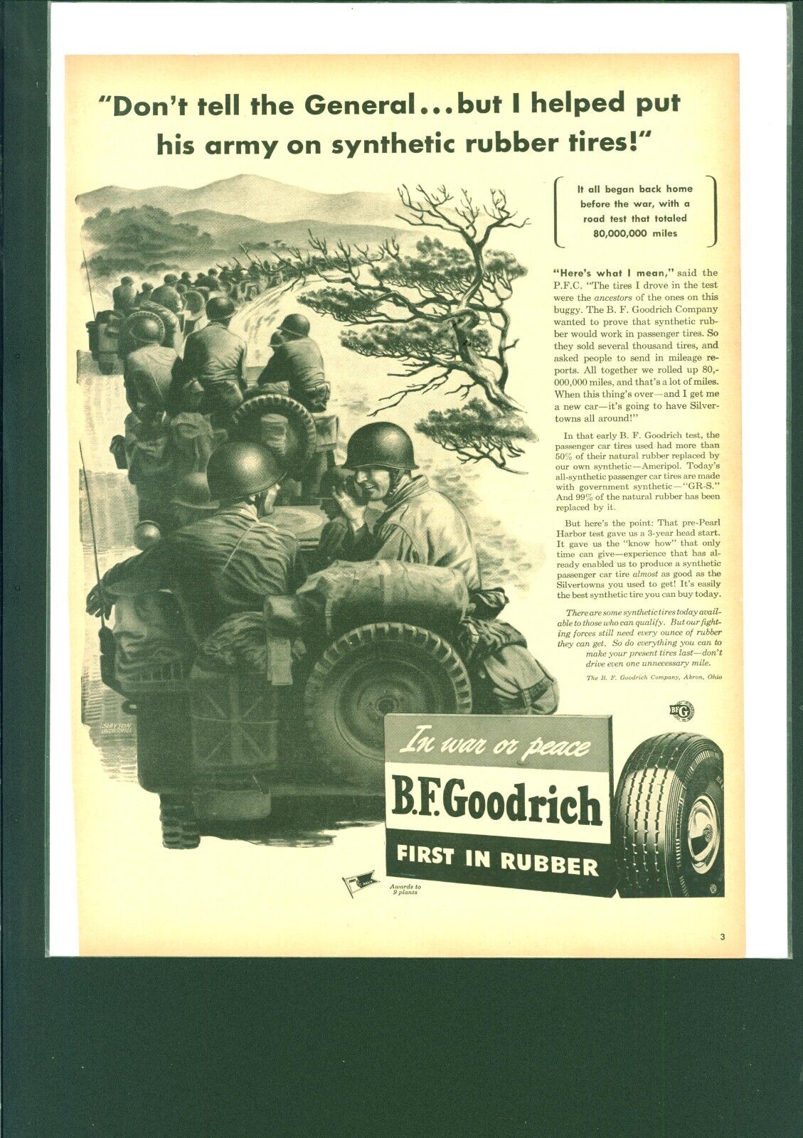 1944 Vintage WW2 BF Goodrich Tires   Full Color Magazine Print Ad Army War
