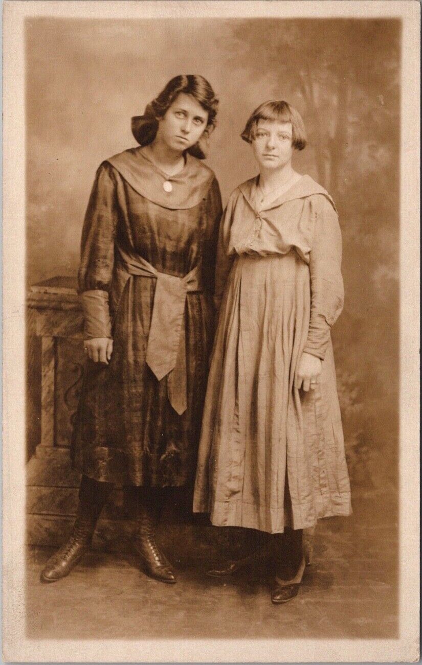 1910s RPPC Photo Postcard Two Young Women in Homemade Dresses / Studio Portrait