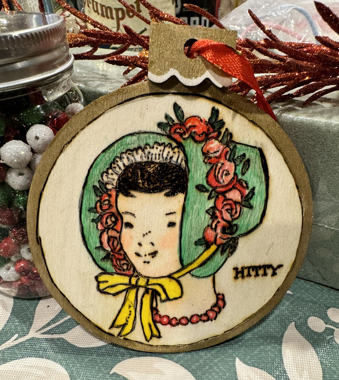 Hand Crafted Hitty Doll Wooden Christmas Ornament Pyrography Wood Burning by dlb