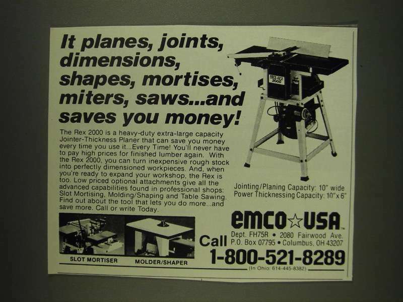 1985 Emco Rex 2000 Jointer-Thickness Planer Ad - It planes, joints, dimensions,