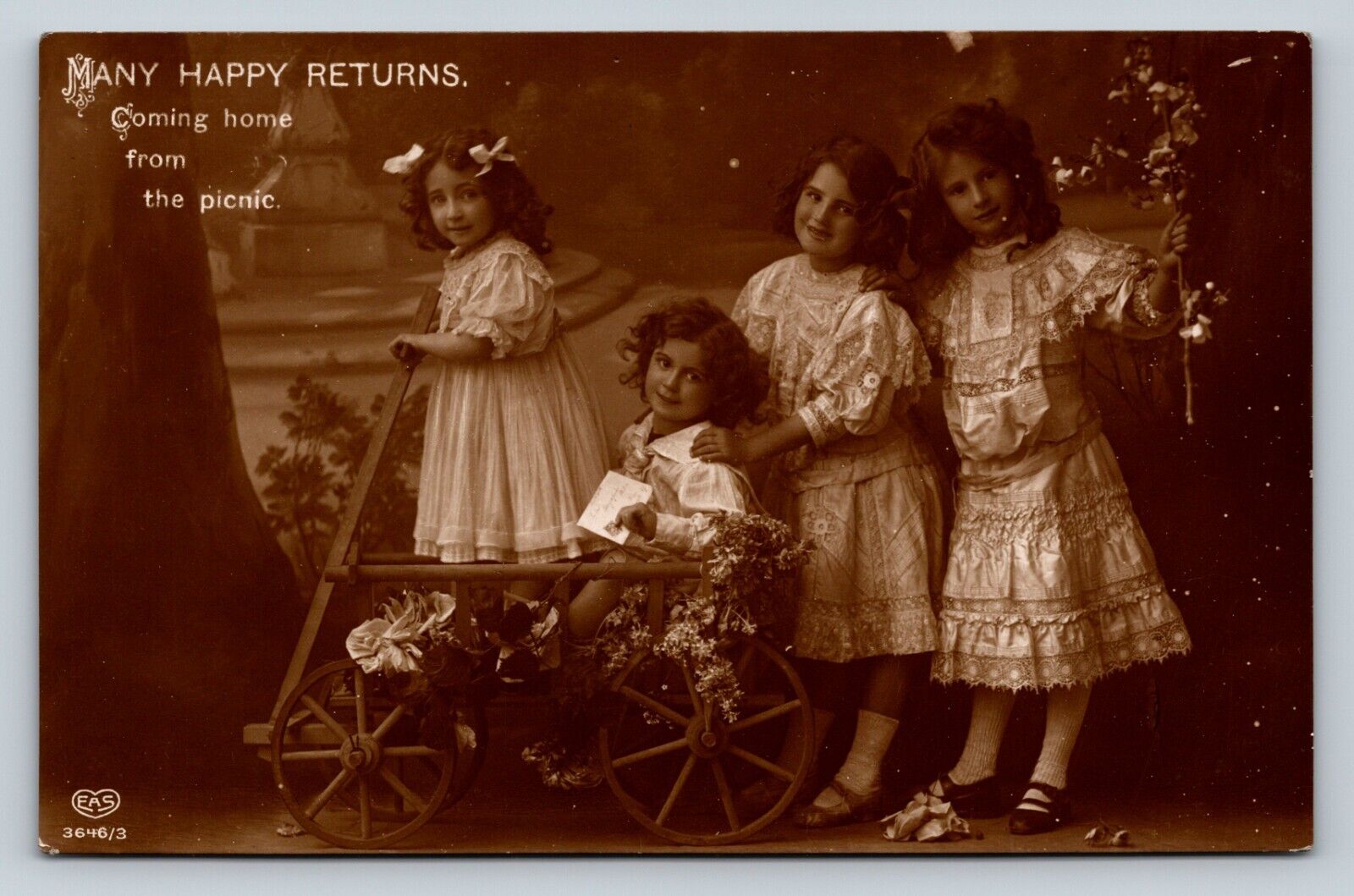 c1913 RPPC Four Young Girls Floral Small Kids Wagon Many Happy Returns Postcard