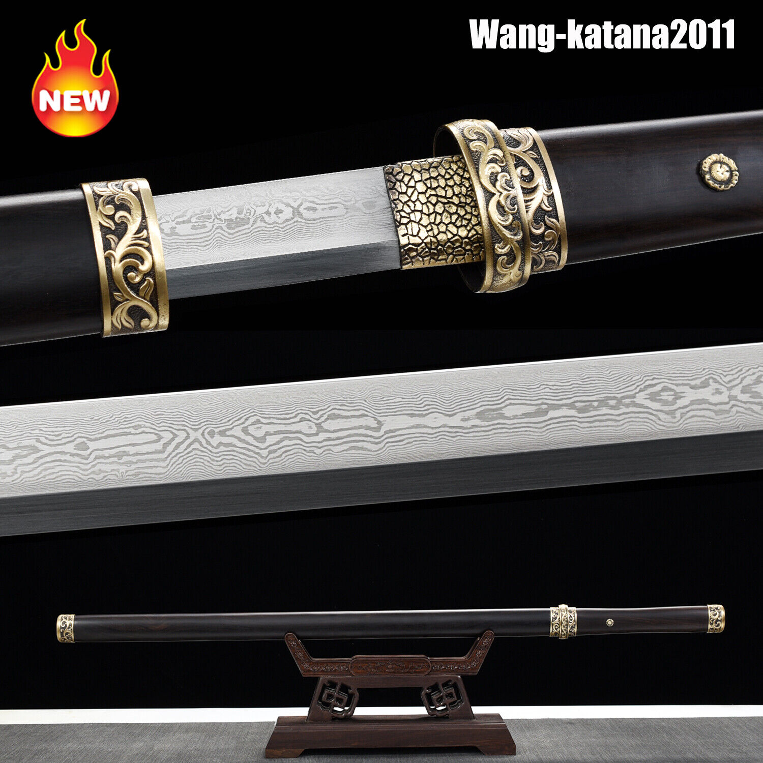 105CM Handmade Chinese Folded Steel Ebony Tang Dao 唐刀 Functional Full-tang Sword