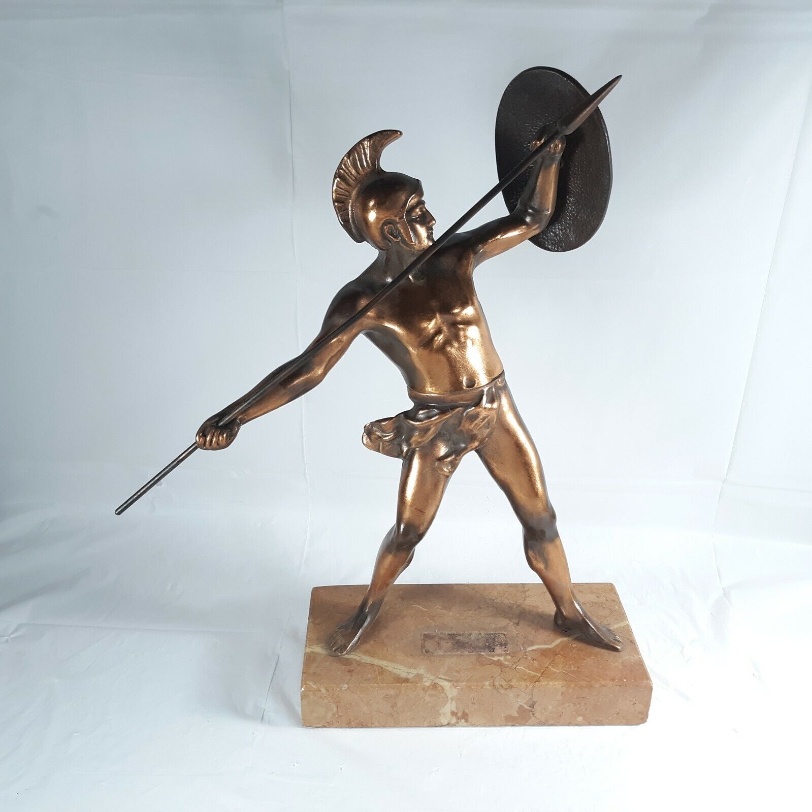 Bronze Color Spartan Warrior Small Statue Spear Shield Metal