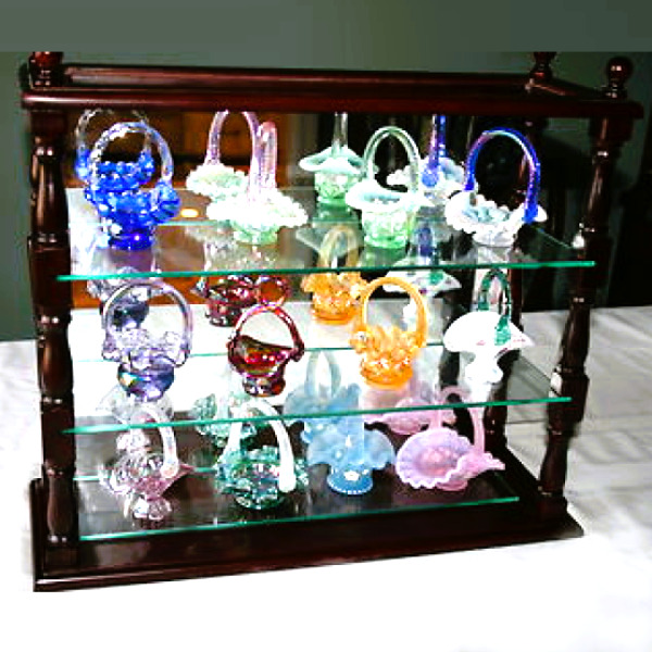 2001 Fenton Collection Wooden Display Case with 12 Miniature Baskets New
