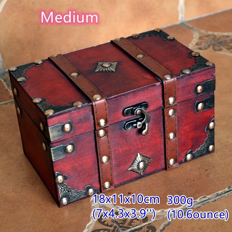 Wood and Leather Treasure Chest Box | Decorative Storage Chest Box with Lock
