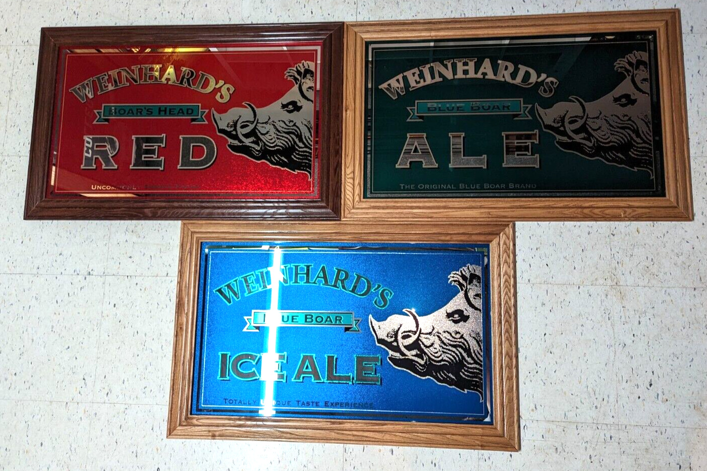 Vintage Weinhard's Ice Ale Red Blue Boar Head Lager Blitz Beer Mirror Signs Set