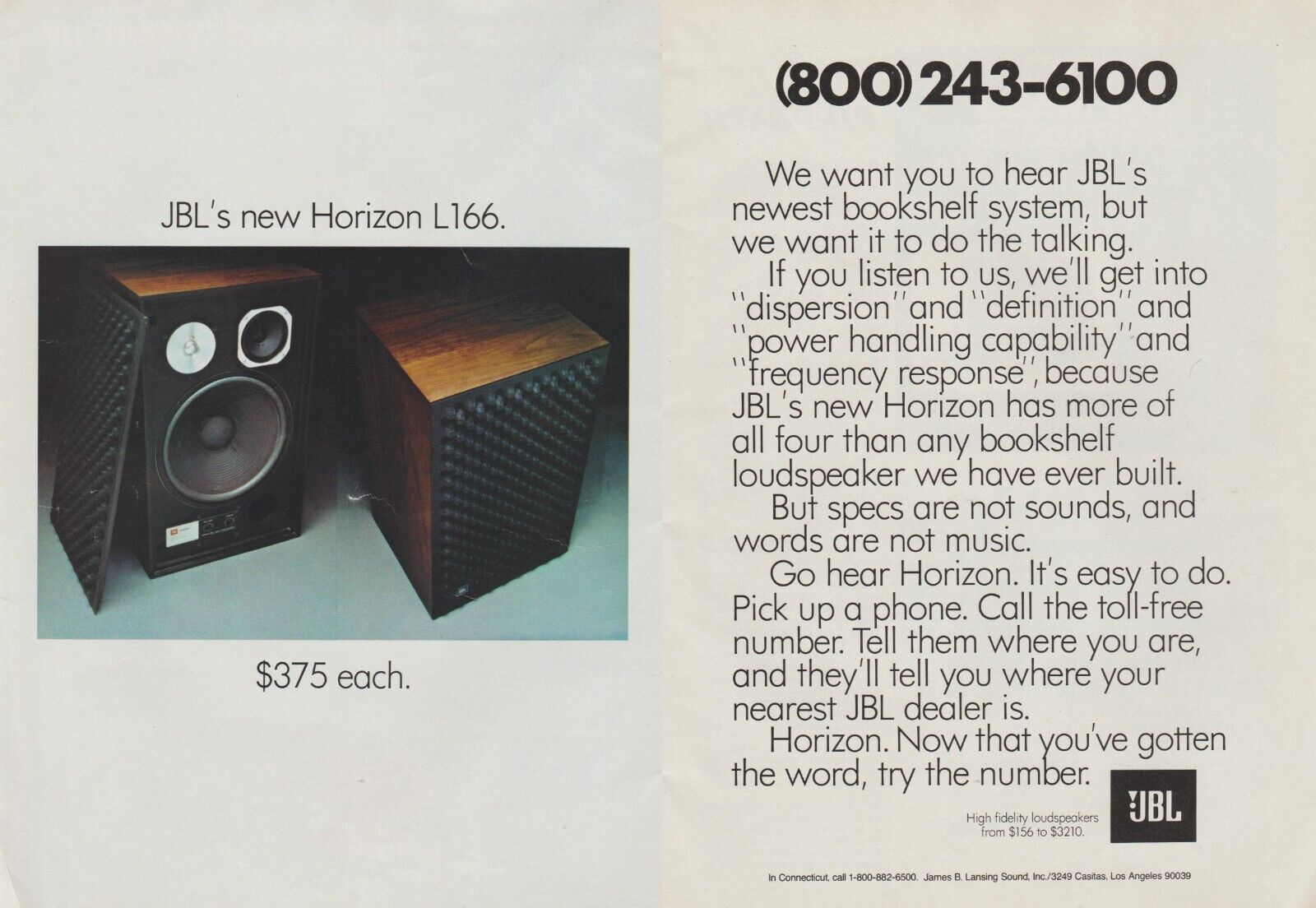 1975 JBL Horizon L166 Stereo Speakers -\