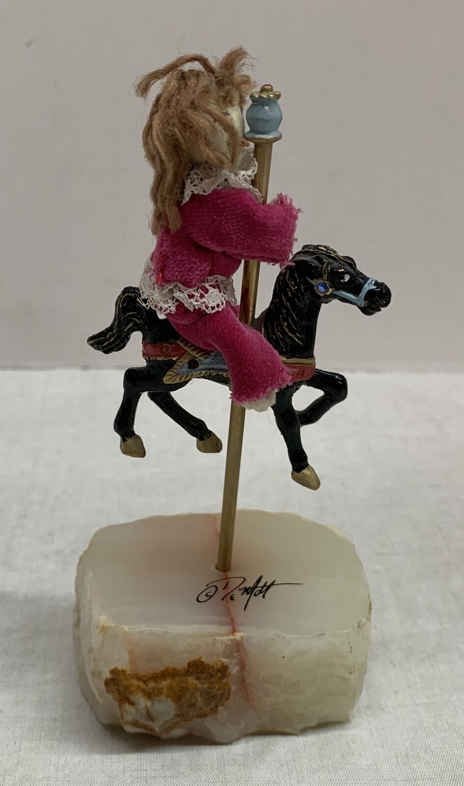 Vintage Don DeMott SIGNED Carousel Little Girl Riding Horse Figurine Marble Base