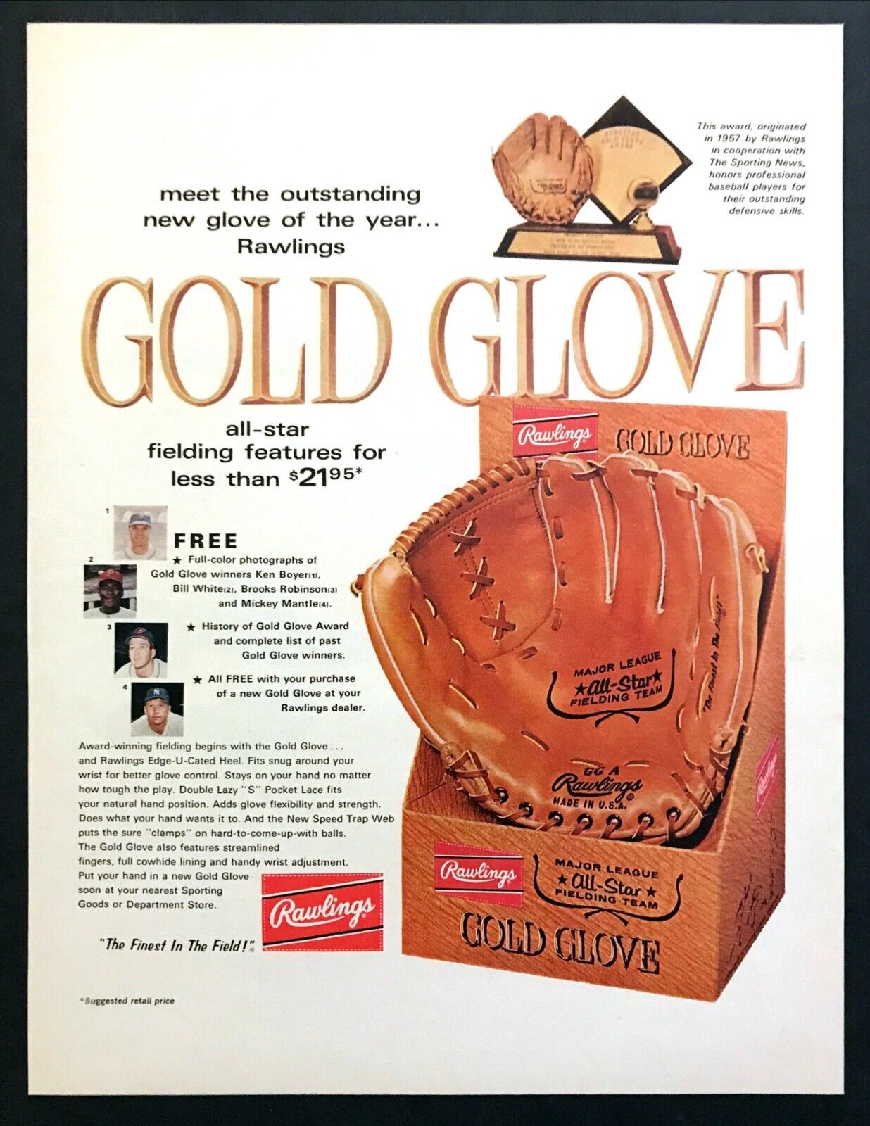 1967 Rawlings All-Star Fielding Team Glove Mickey Mantle photo vintage print ad