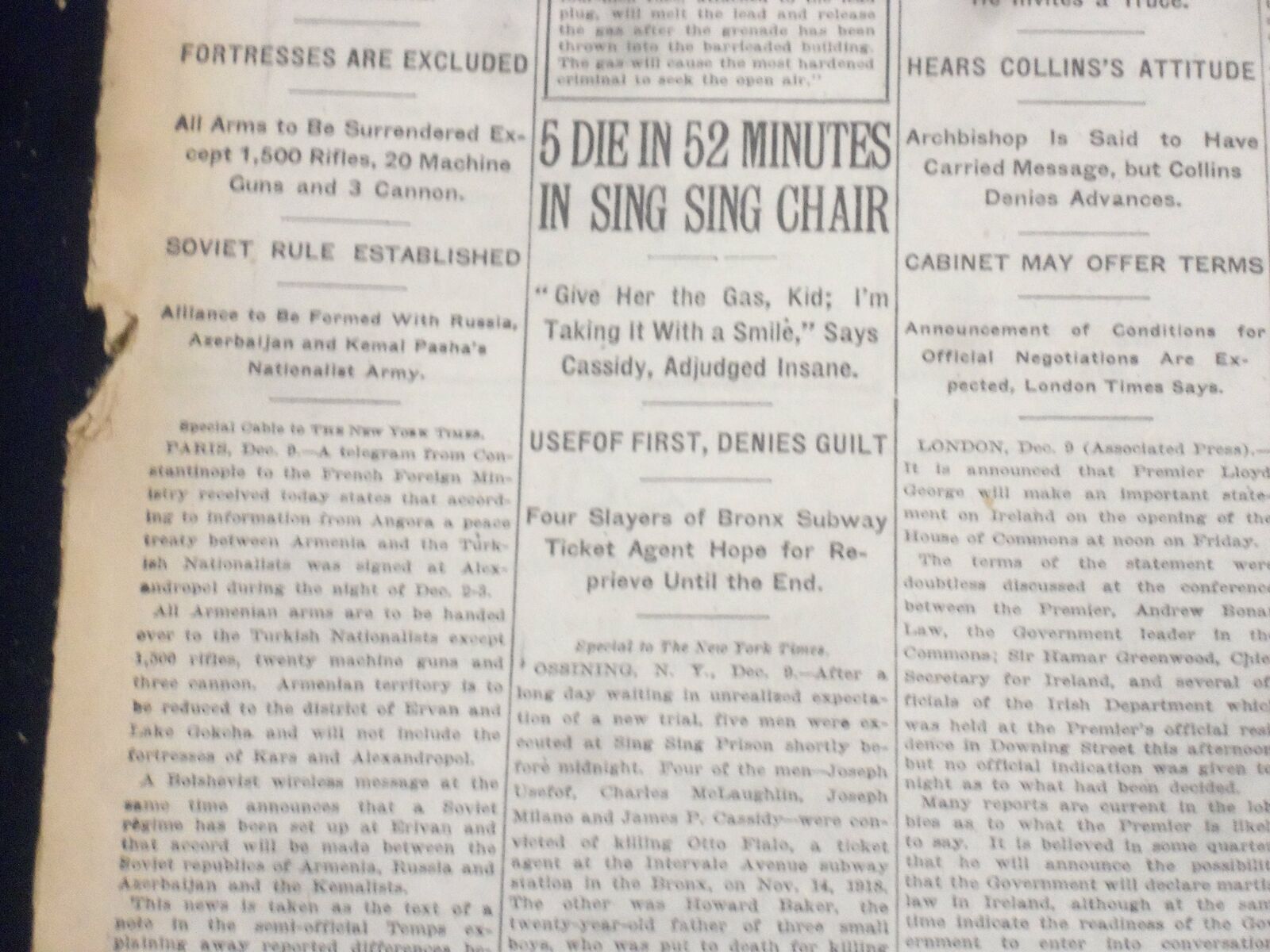 1920 DECEMBER 10 NEW YORK TIMES - 5 DIE IN 52 MINUTES IN SING SING CHAIR-NT 8480