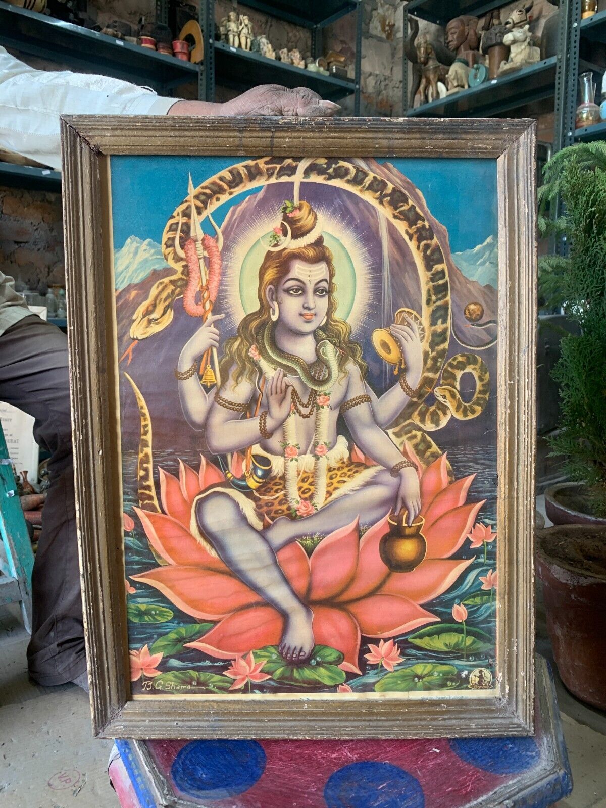Vintage Lord Shiva Seated on Lotus Hindu Religious Old Lithograph Print Framed