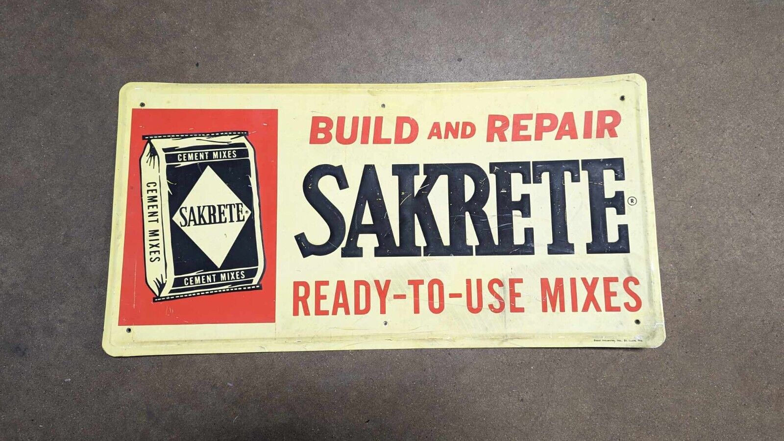 1960s Original Vintage Sakrete Cement Sign Metal Embossed Concrete Gas Oil