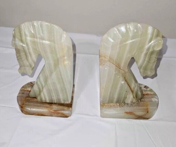 Vtg Trojan Horse Head Bookends Hand Carved Onyx Marble Stone  6 1/2