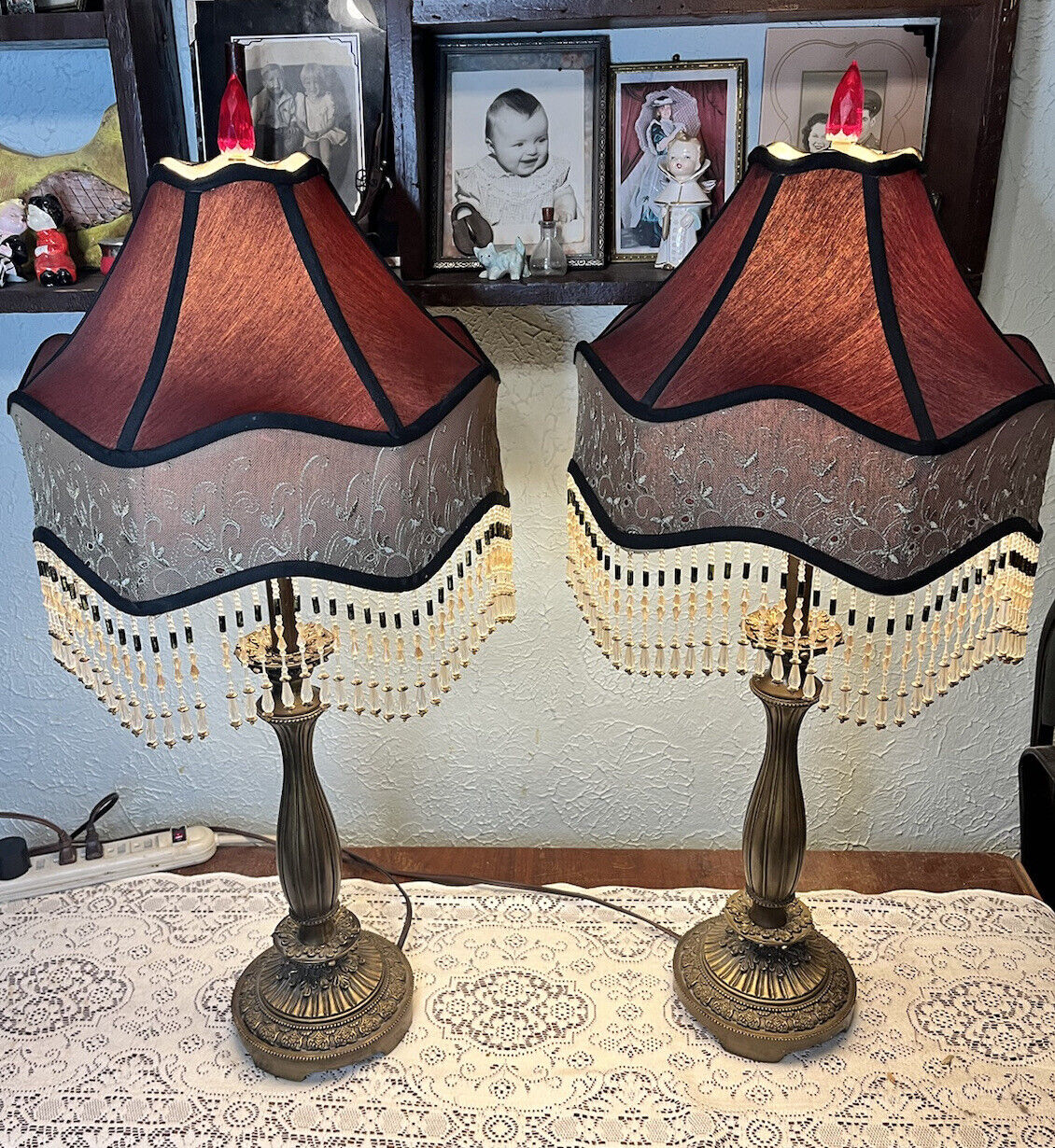 Dale Tiffany Lamps Pair Beaded Shades w/ Brass Bronze Look Resin Bases Key Turn