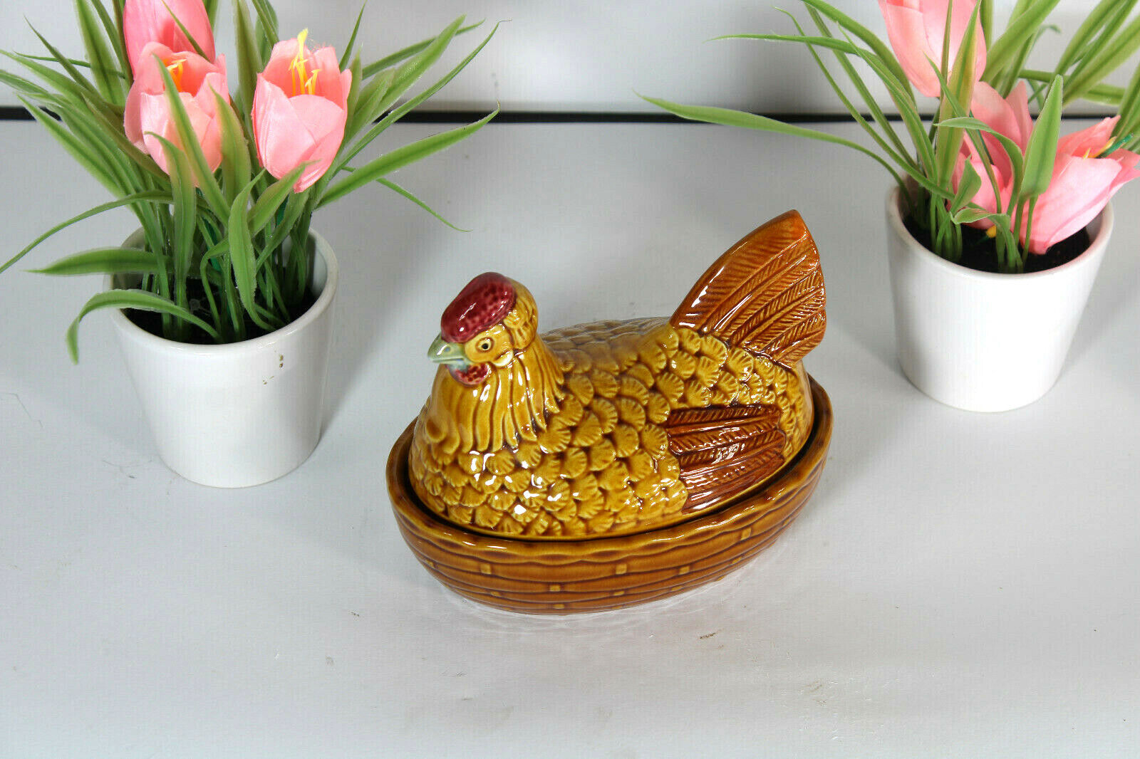 Vintage french chicken pate baking form faience 1970 animal 