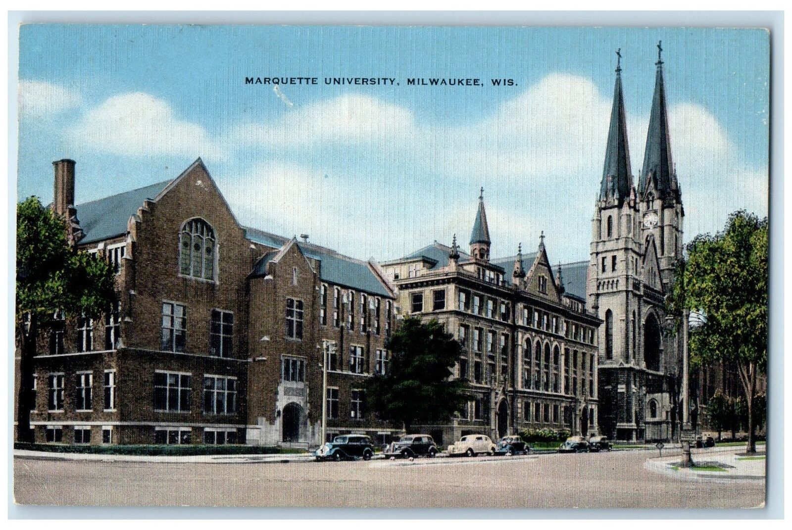 c1940 Marquette University Campus Building Cars Milwaukee Wisconsin WI Postcard