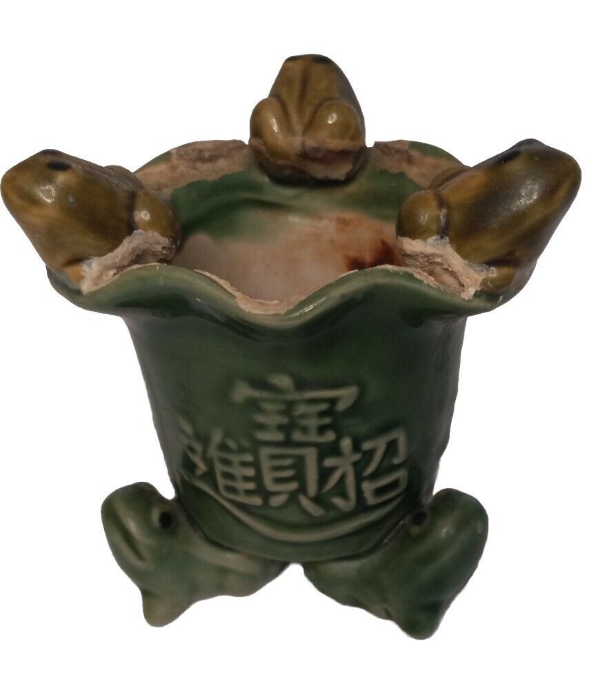 Vintage Mid-Century Mod 1970s Ceramic Green Lucky Frogs Planter Bohemian 