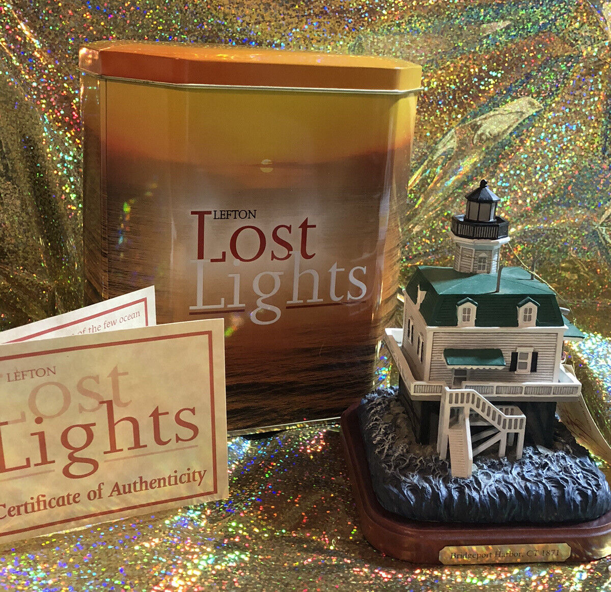 Lefton Lost Lights Bridgeport Harbor CT Lighthouse CCM13665. Tin, Cert Of Auth