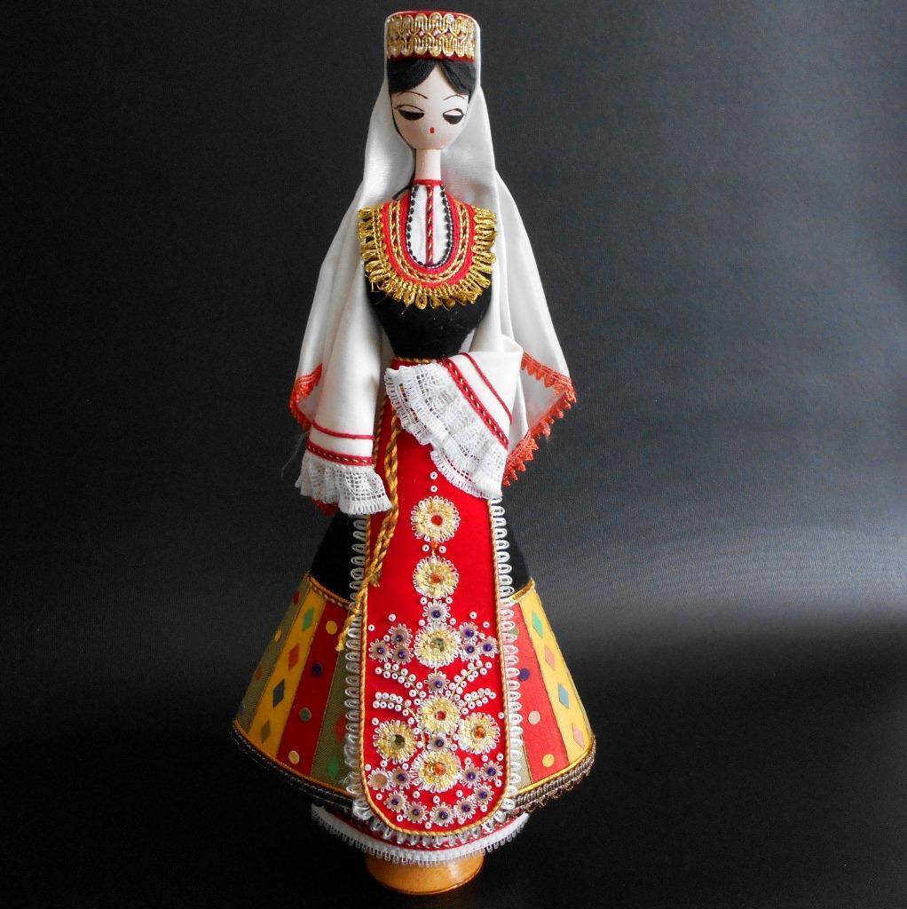 Vintage Bulgarian Wood Folk Doll Traditional Costume Bead Accents