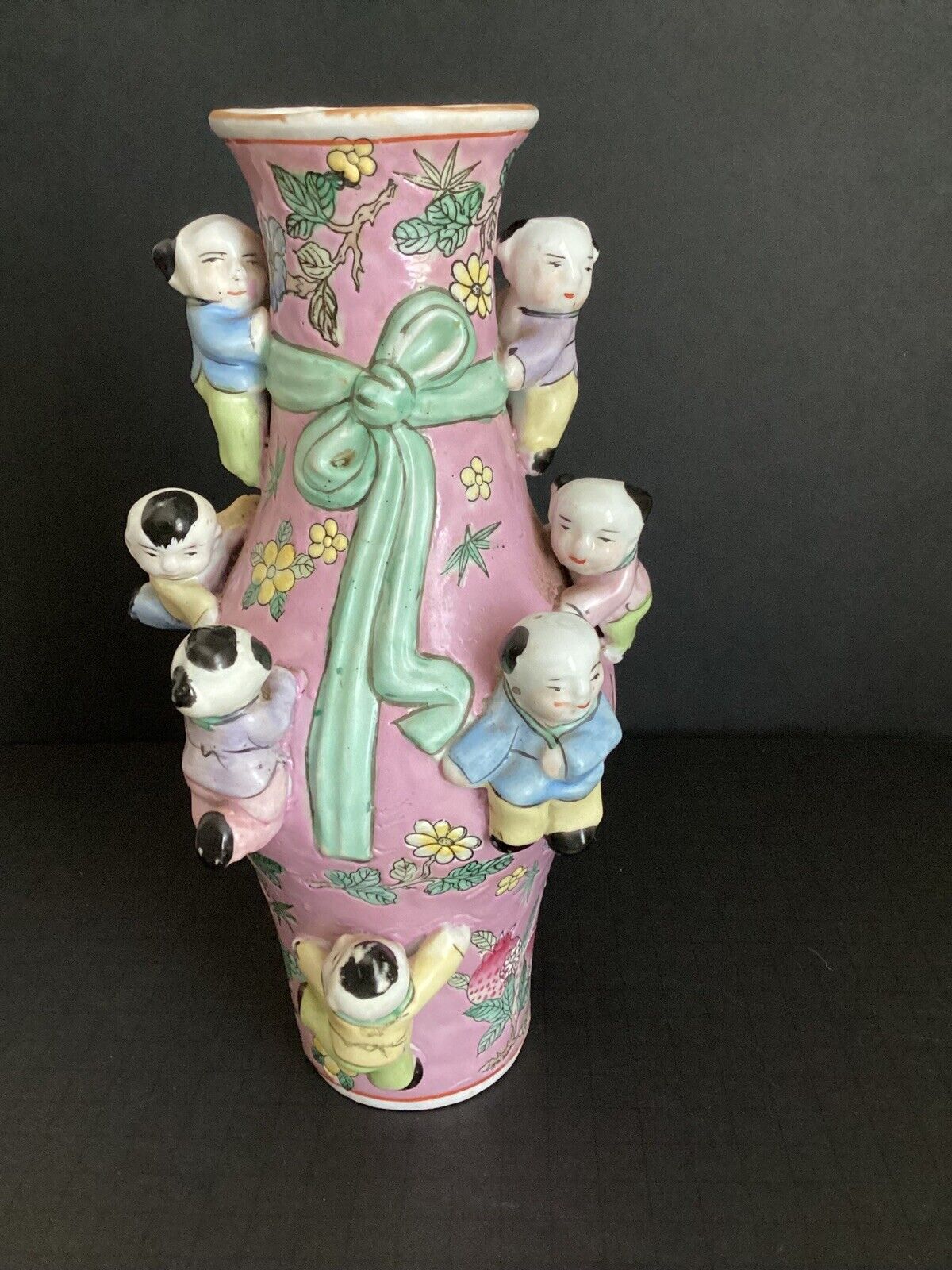 Vintage Hand-Painted Porcelain Fertility Vase Climbing Children 9.5\