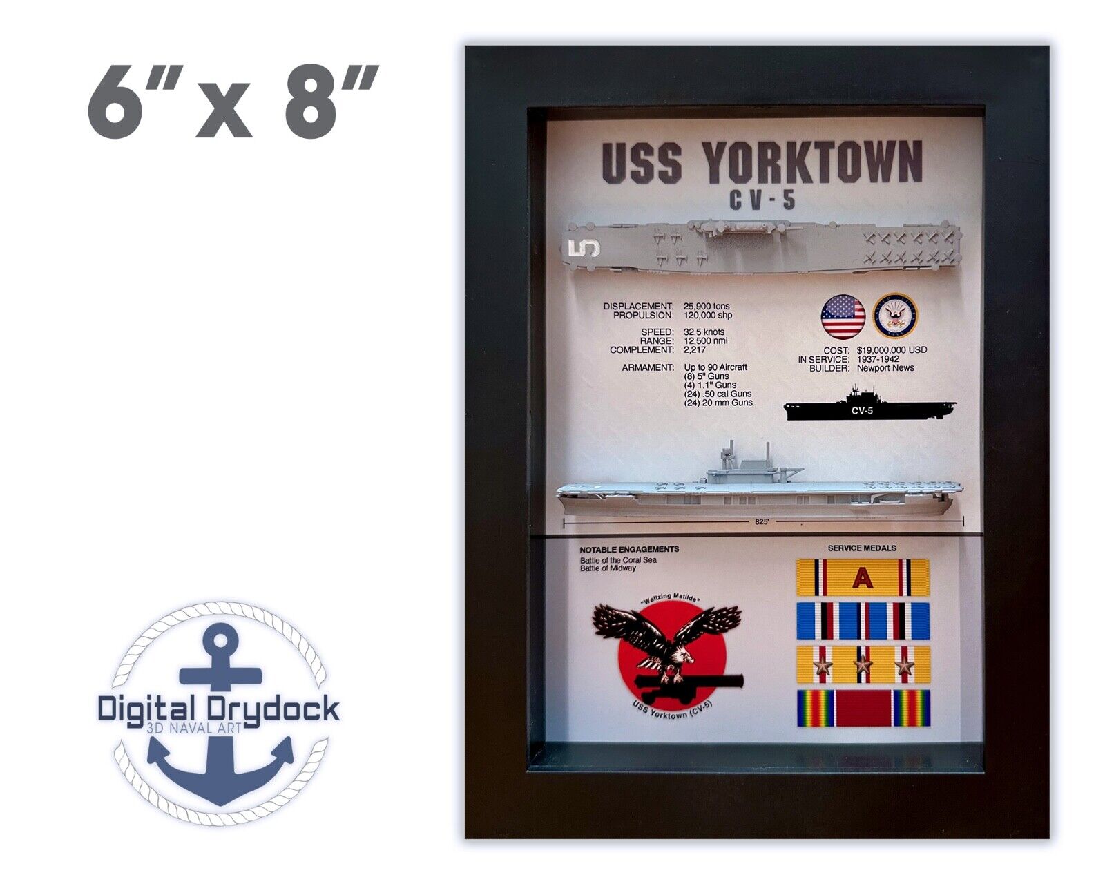 Yorktown CV-5 Aircraft Carrier Display Shadow Box, 5.75
