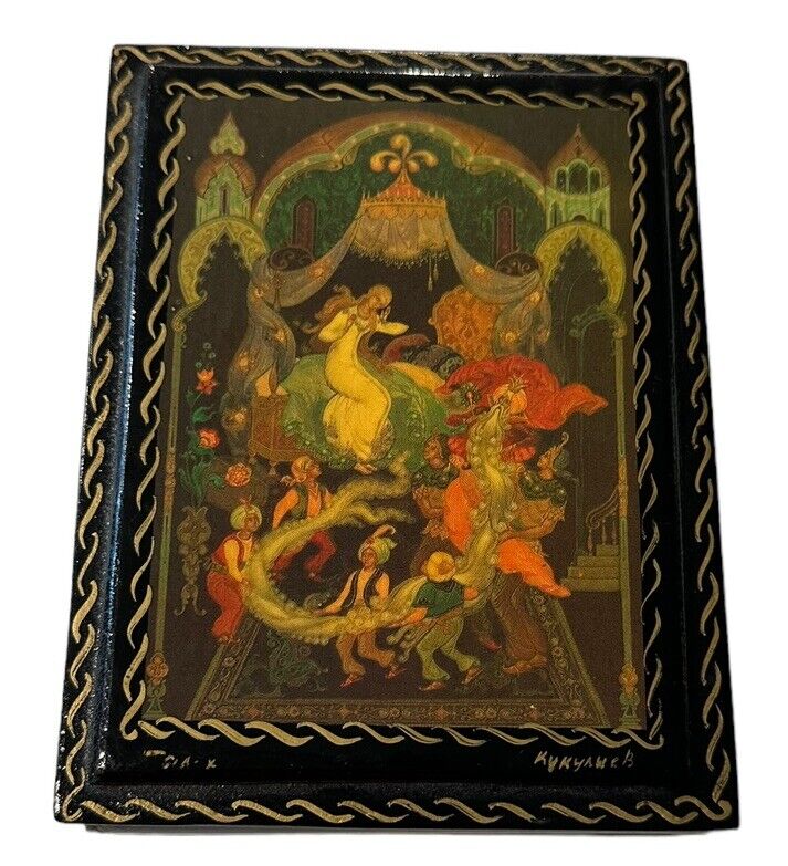 Vintage Russian Lacquer Box W/Red Interior Signed Classic Fairy Tale Painting
