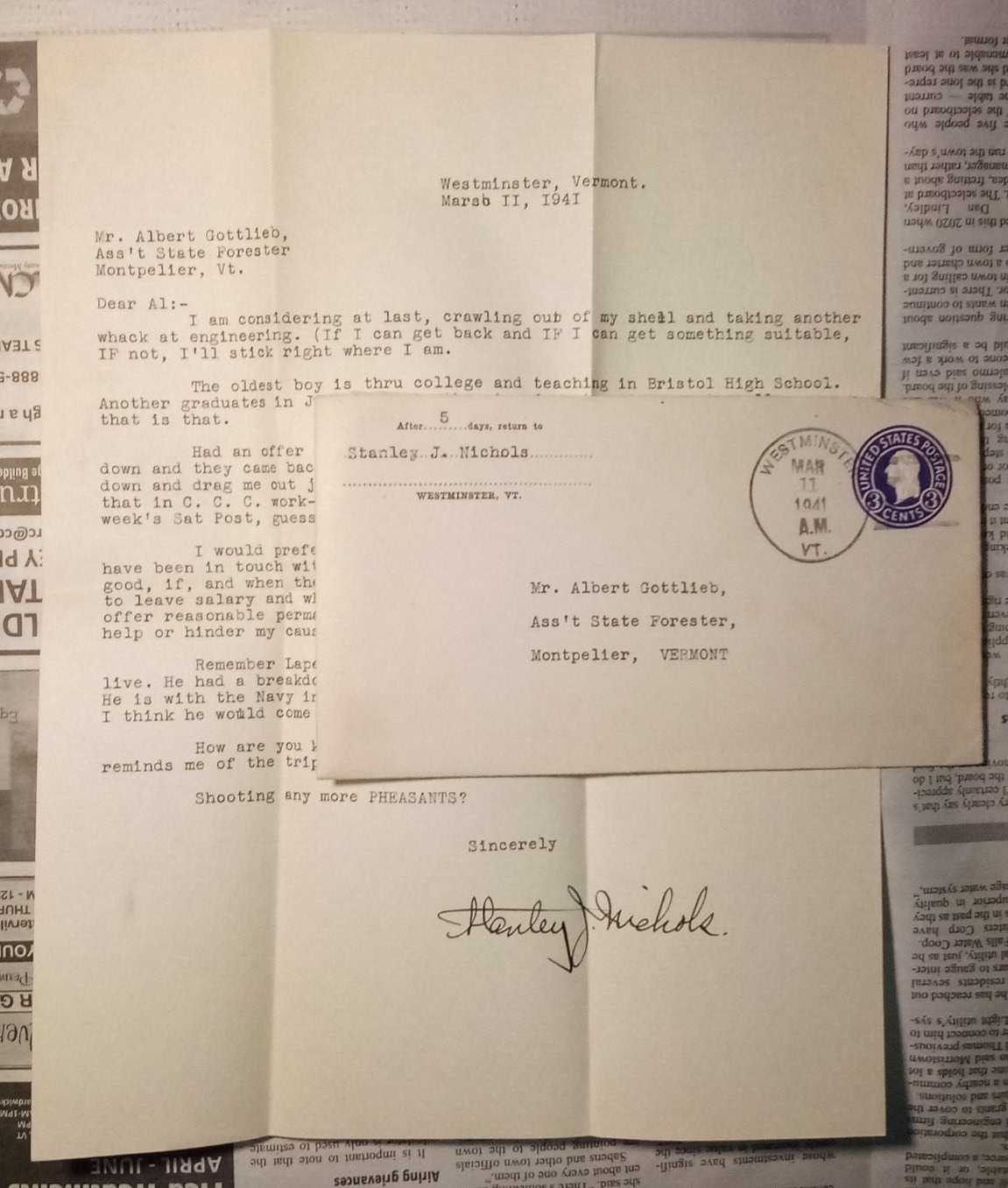 1941 Civilian Conservation Corps Letter Vermont