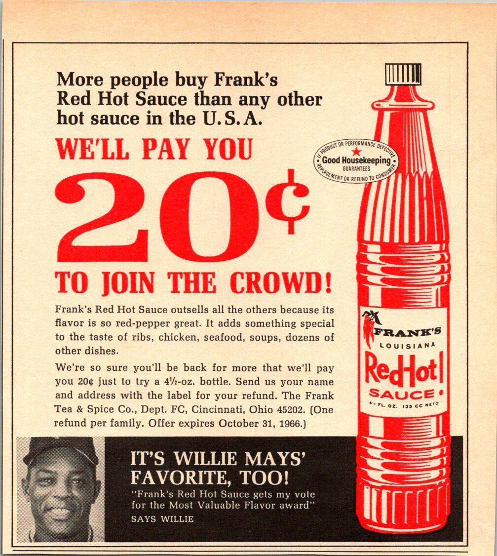 Willie Mays Frank\'s Louisiana Red Hot Sauce 1966 Vintage Print Ad