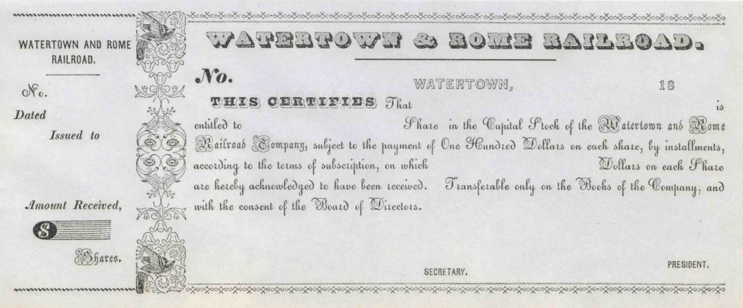 Watertown and Rome Railroad - Extremely Rare - Unissued Railway Stock Certificat
