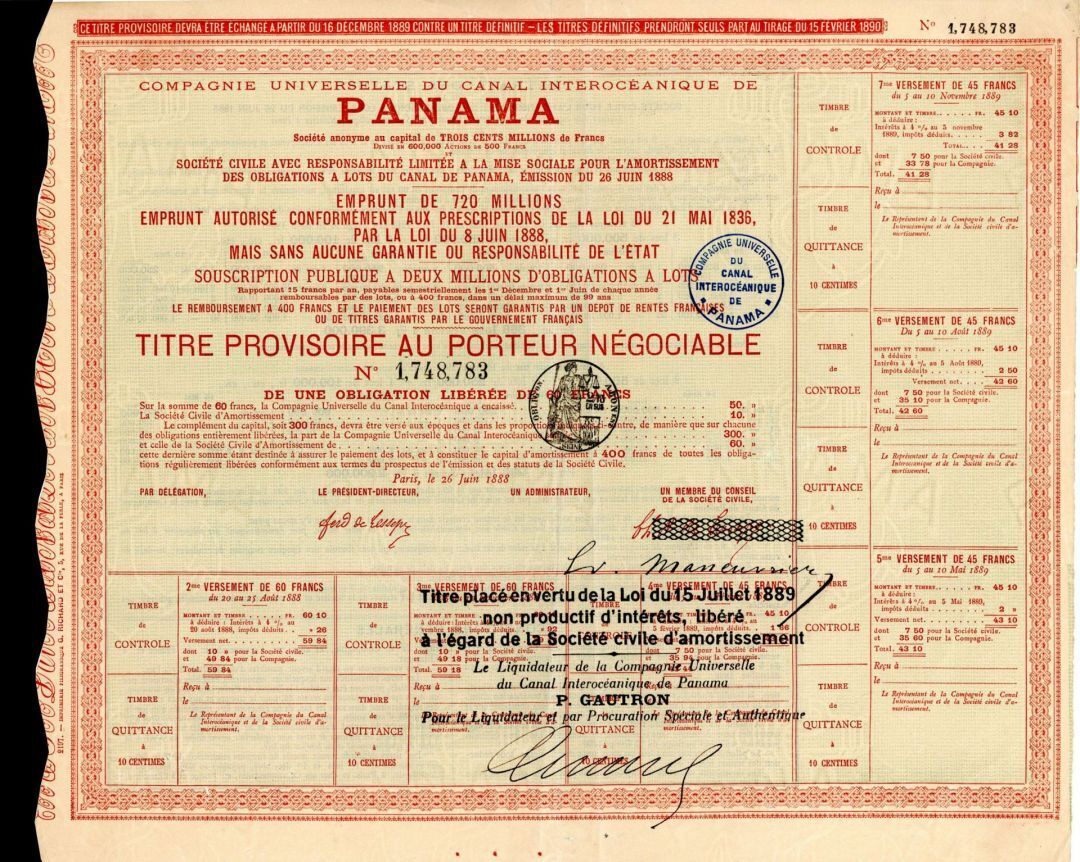 Panama-Companie Universelle Du Canal Interoceanique de Panama - 1888 dated Bond 