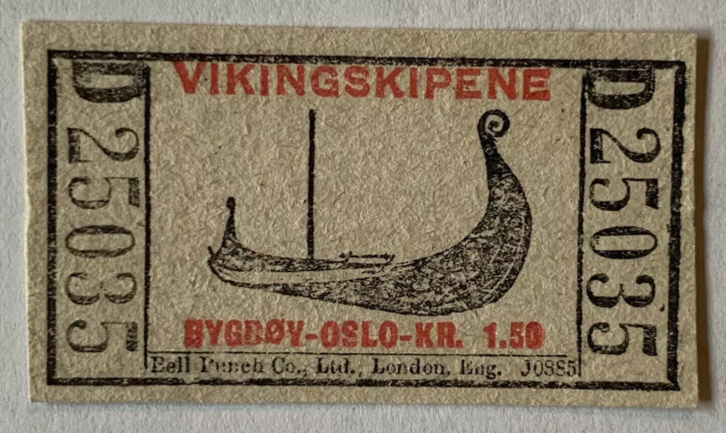 RARE OSLO NORWAY VIKING SHIP MUSEUM TICKET, BELL PUNCH