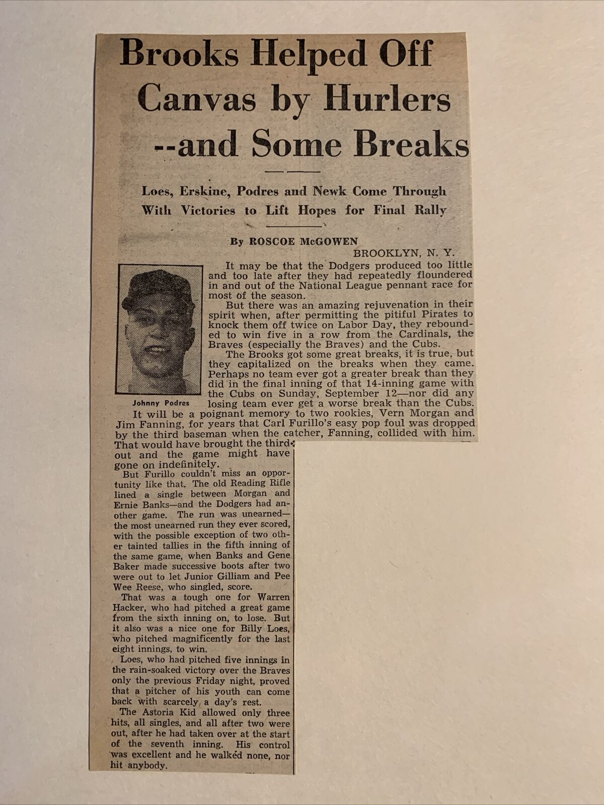 Johnny Podres Brooklyn Dodgers 1954 Sporting News Baseball 4X8 Panel