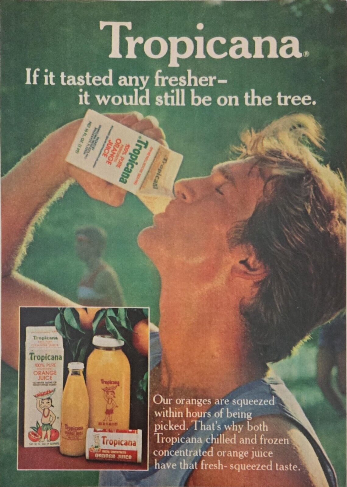 1980 Tropicana Orange Juice Vintage Print Ad Sweaty Man Drinking, Glass Bottles 