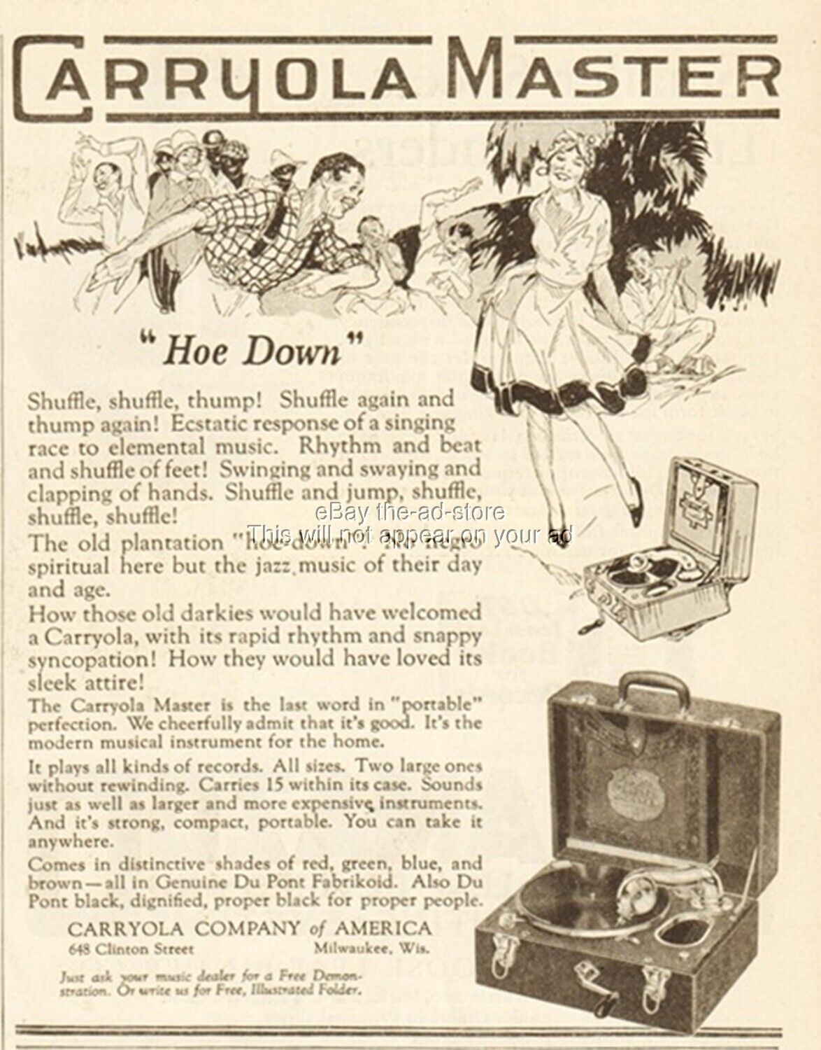 1927 Hoe Down Square Dance Carryola Portable Phonograph Record Player Ad
