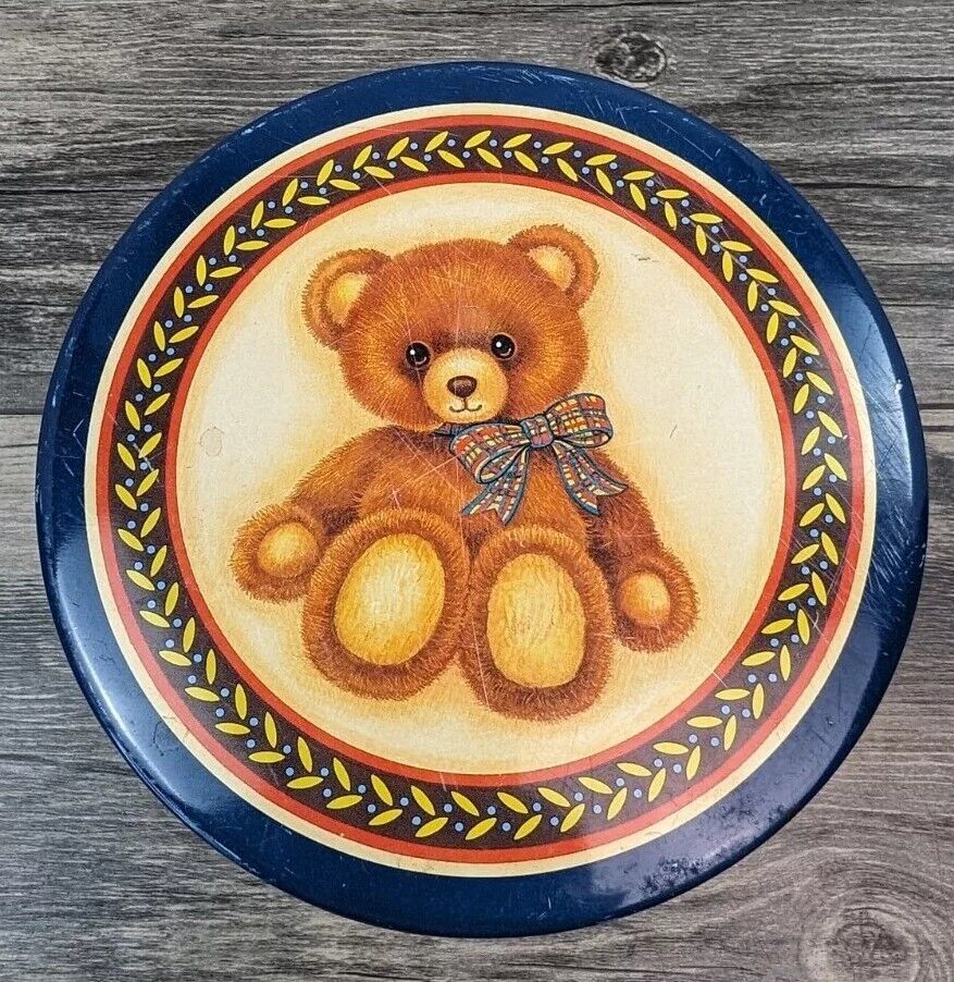 Vintage Round Teddy Bear Metal Tin 1980s Blue & Yellow 6\