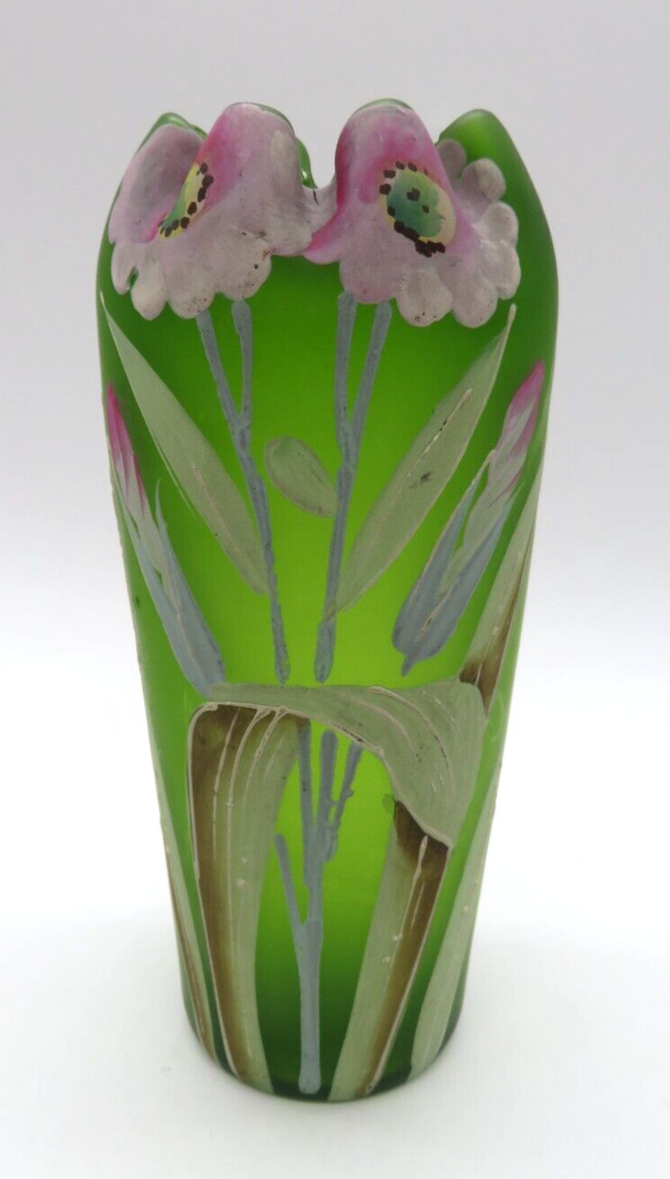 VTG 1910 Carl Goldberg Green Satin Glass Vase Hand Painted Flowers Pinched Rim